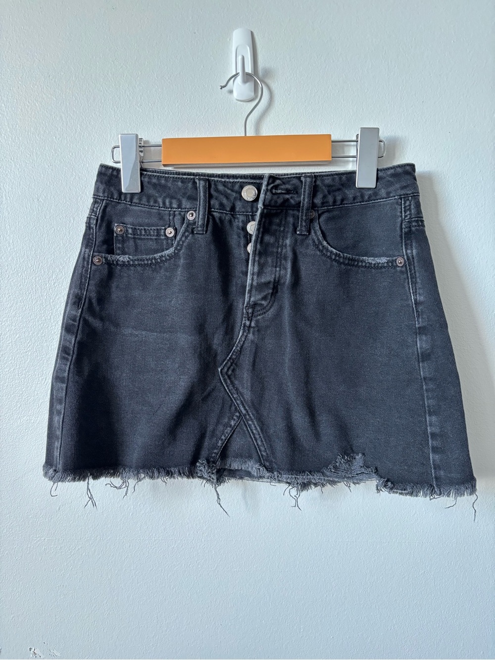 American Eagle Outfitters Black Button-Front Distressed Denim Mini Skirt